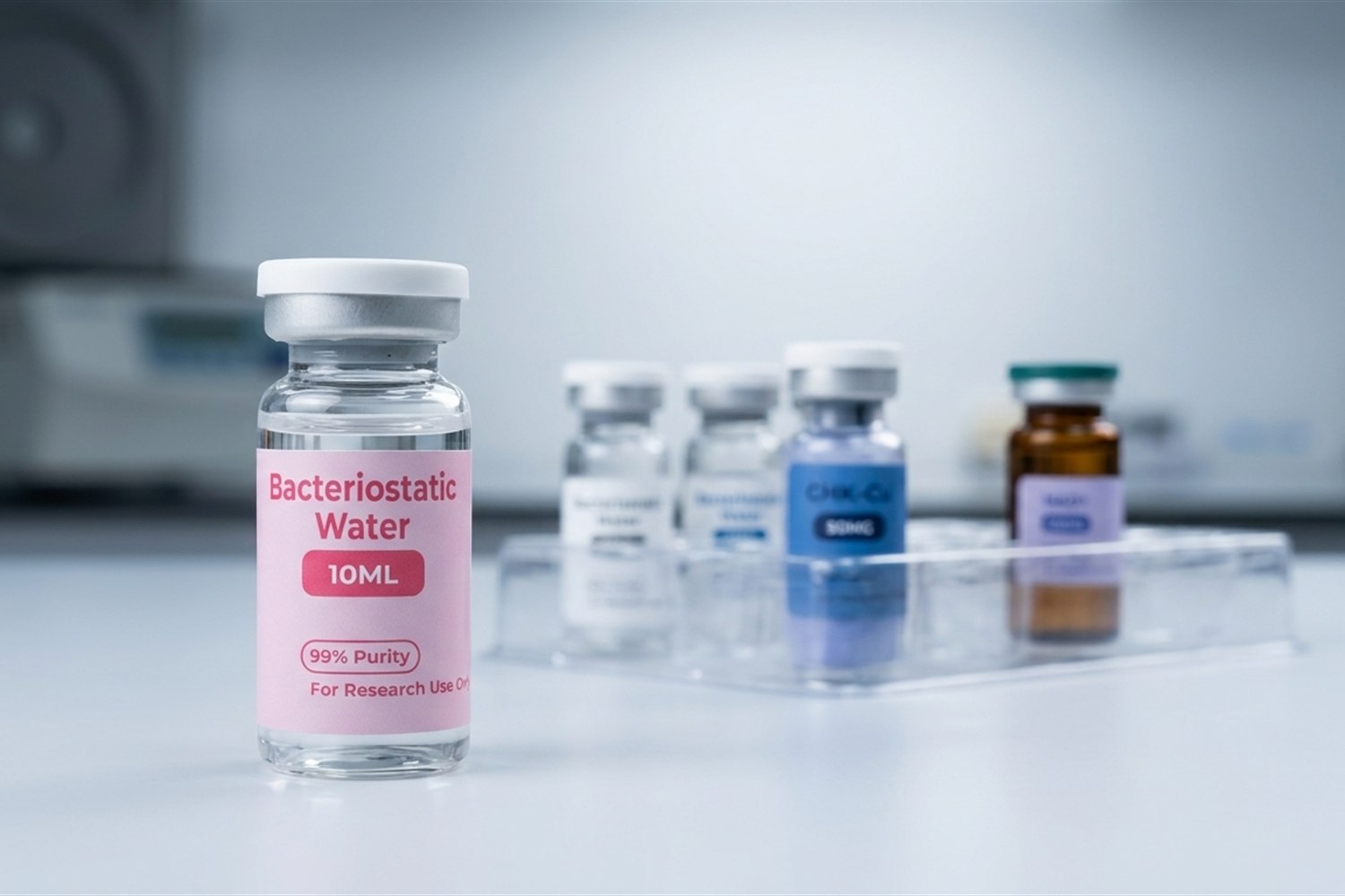H2O Solution vial in a laboratory tray with ThriveCore research vials.