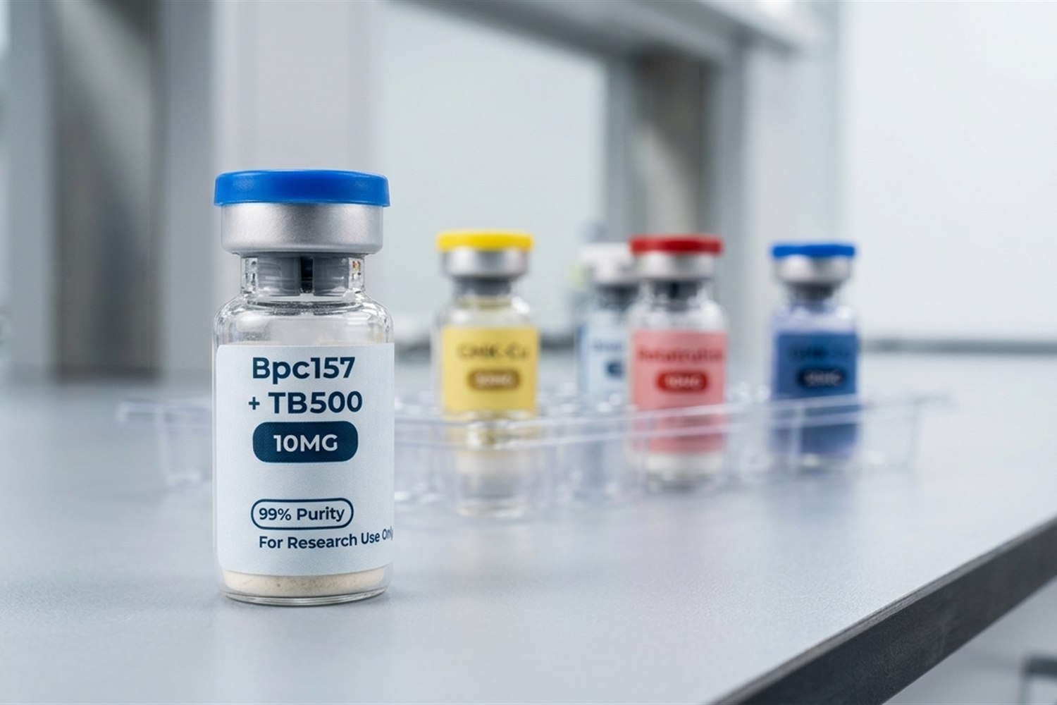 BPC-157 + TB-500 vial in a laboratory tray with ThriveCore research vials.
