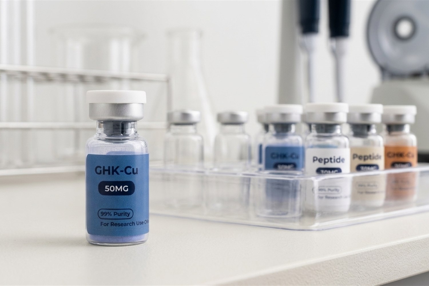 GHK-Cu vial in a laboratory tray with ThriveCore research vials.