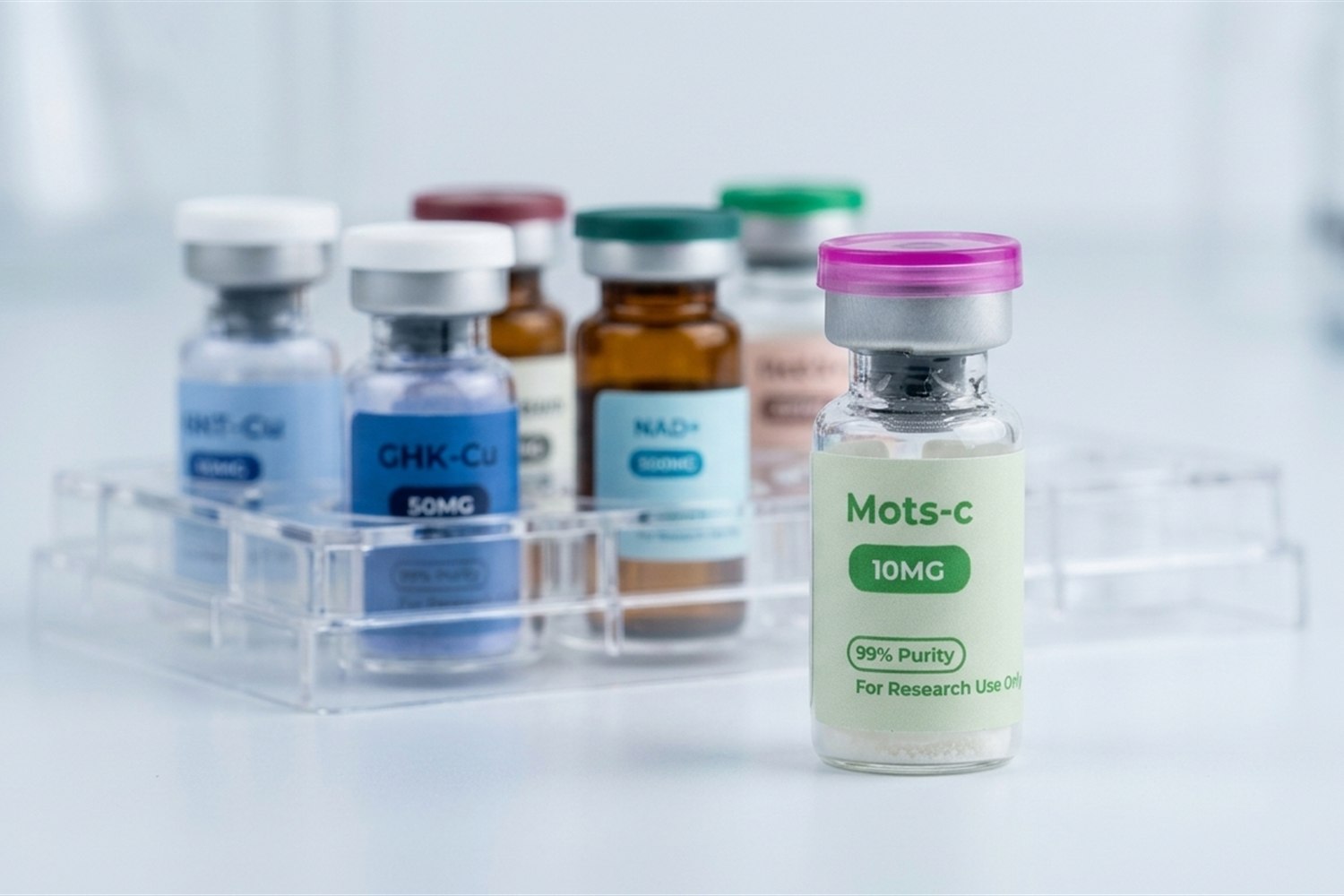MOTS-c vial in a laboratory tray with ThriveCore research vials.