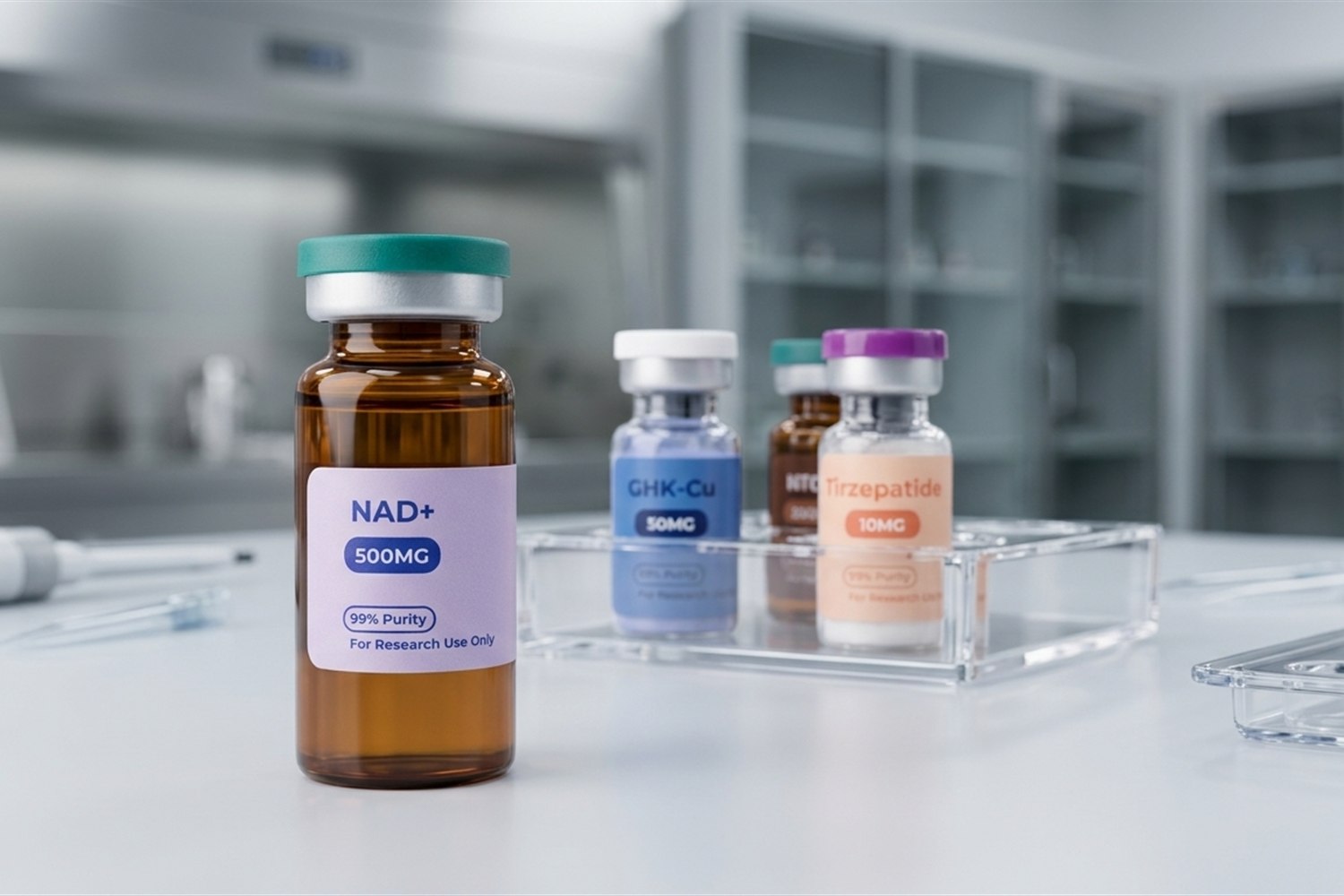 NAD+ vial in a laboratory tray with ThriveCore research vials.