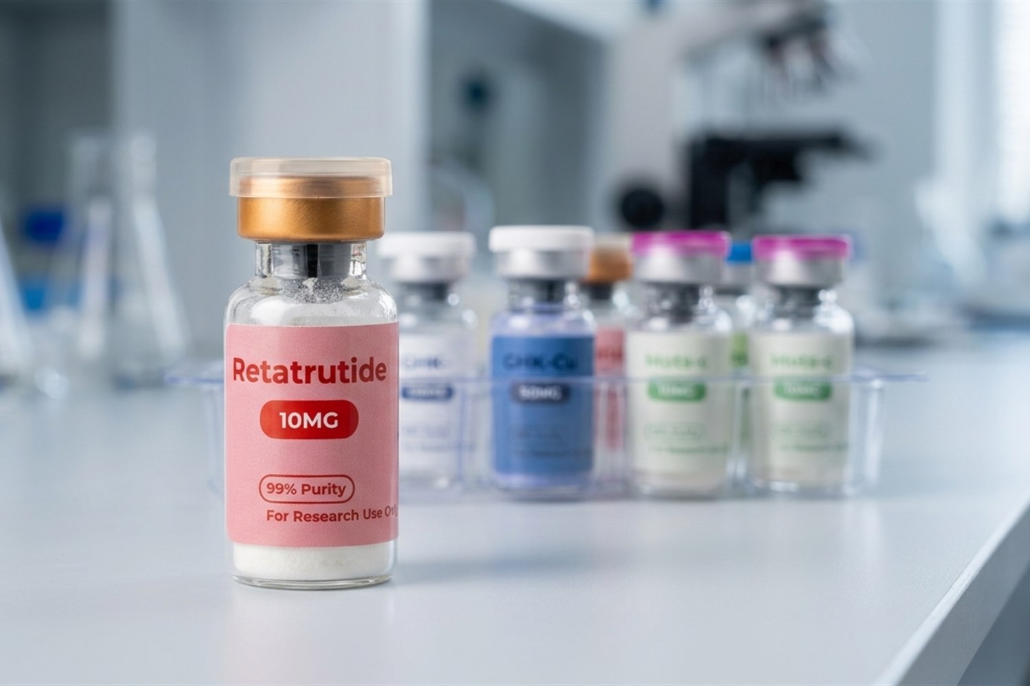 Retatrutide vial in a laboratory tray with ThriveCore research vials.
