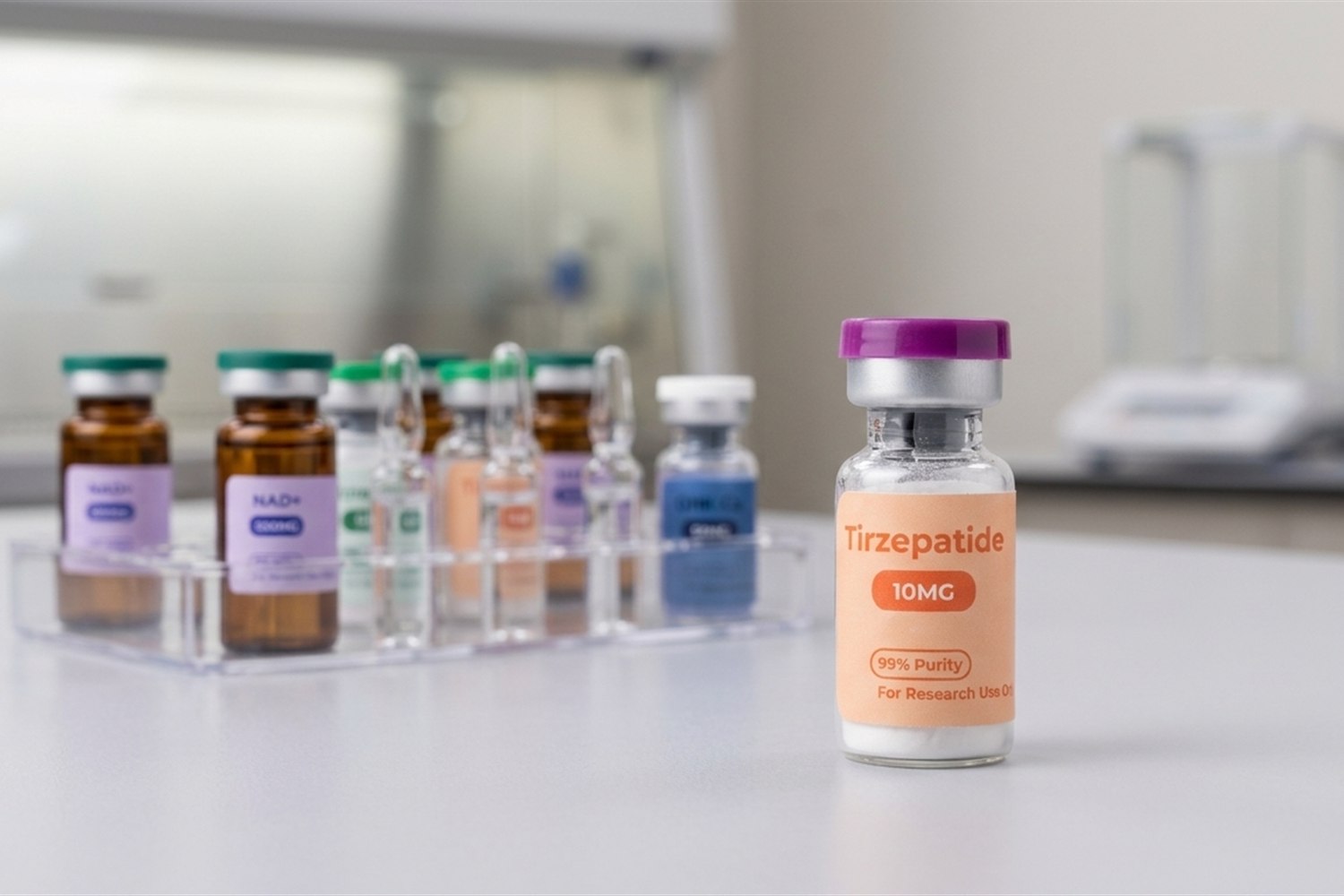 Tirzepatide vial in a laboratory tray with ThriveCore research vials.